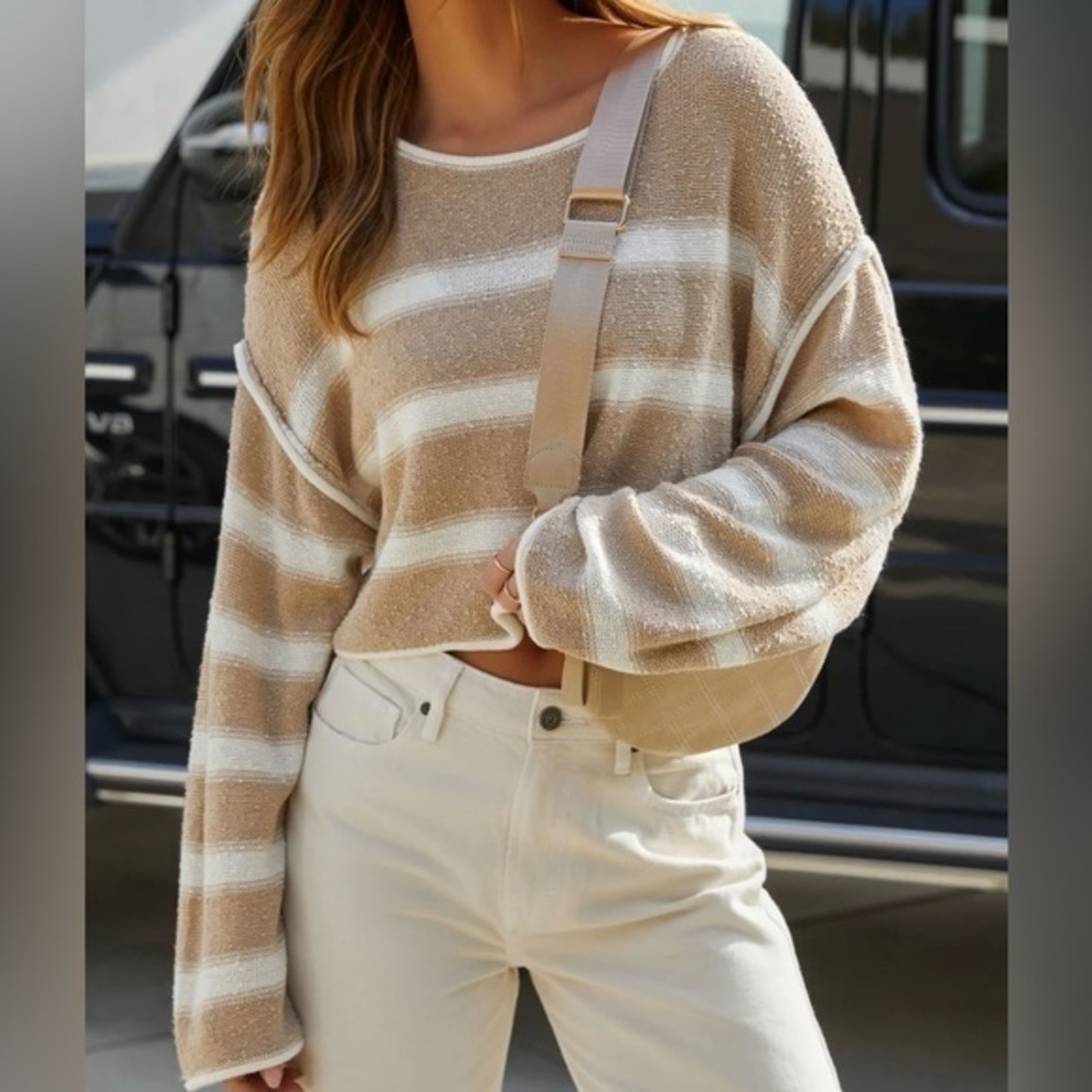 Vici Promesa Beachside Striped Cotton Blend Crew Sweater Sand and White NWT
